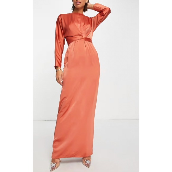 ASOS Dresses & Skirts - NEW ASOS Coral Orange Satin Maxi Dress Long Sleeve Tie Waist Elegant Formal 10